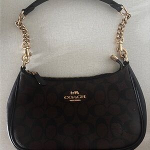 Coach Black and Brown Shoulder Bag with Gold Accents